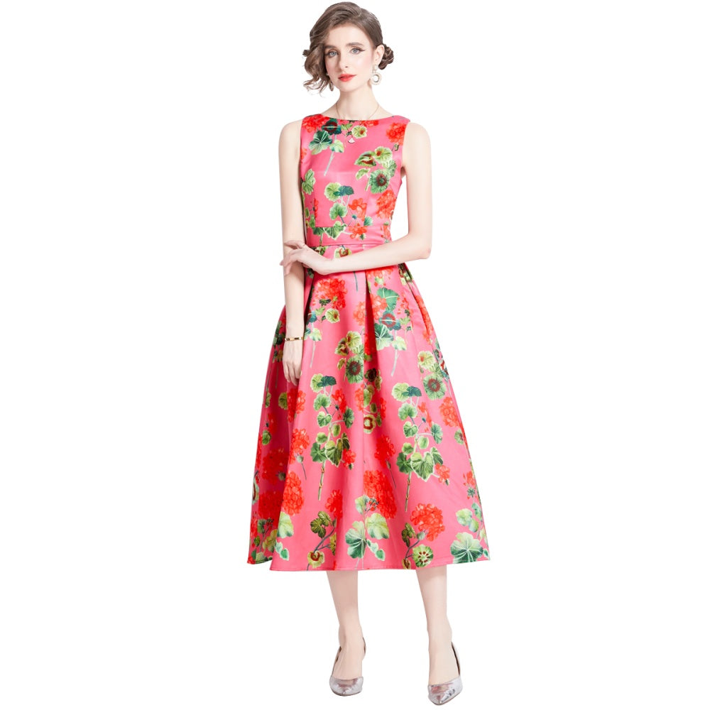 CM-DY090880 Women Elegant Euroepan Style Round Neck Sleeveless A-Line Dress
