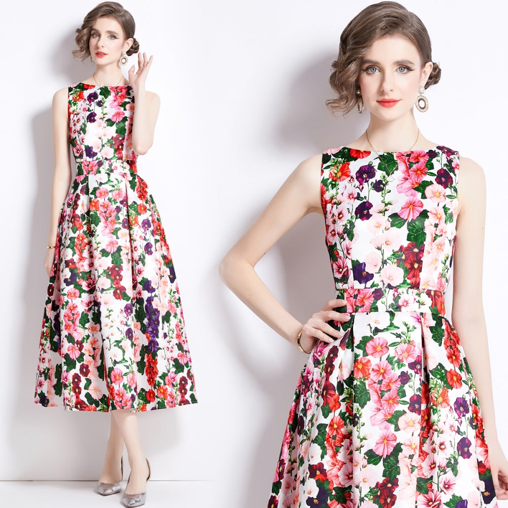 CM-DY090882 Women Elegant European Style Round Neck Sleeveless Pinched Waist Dress