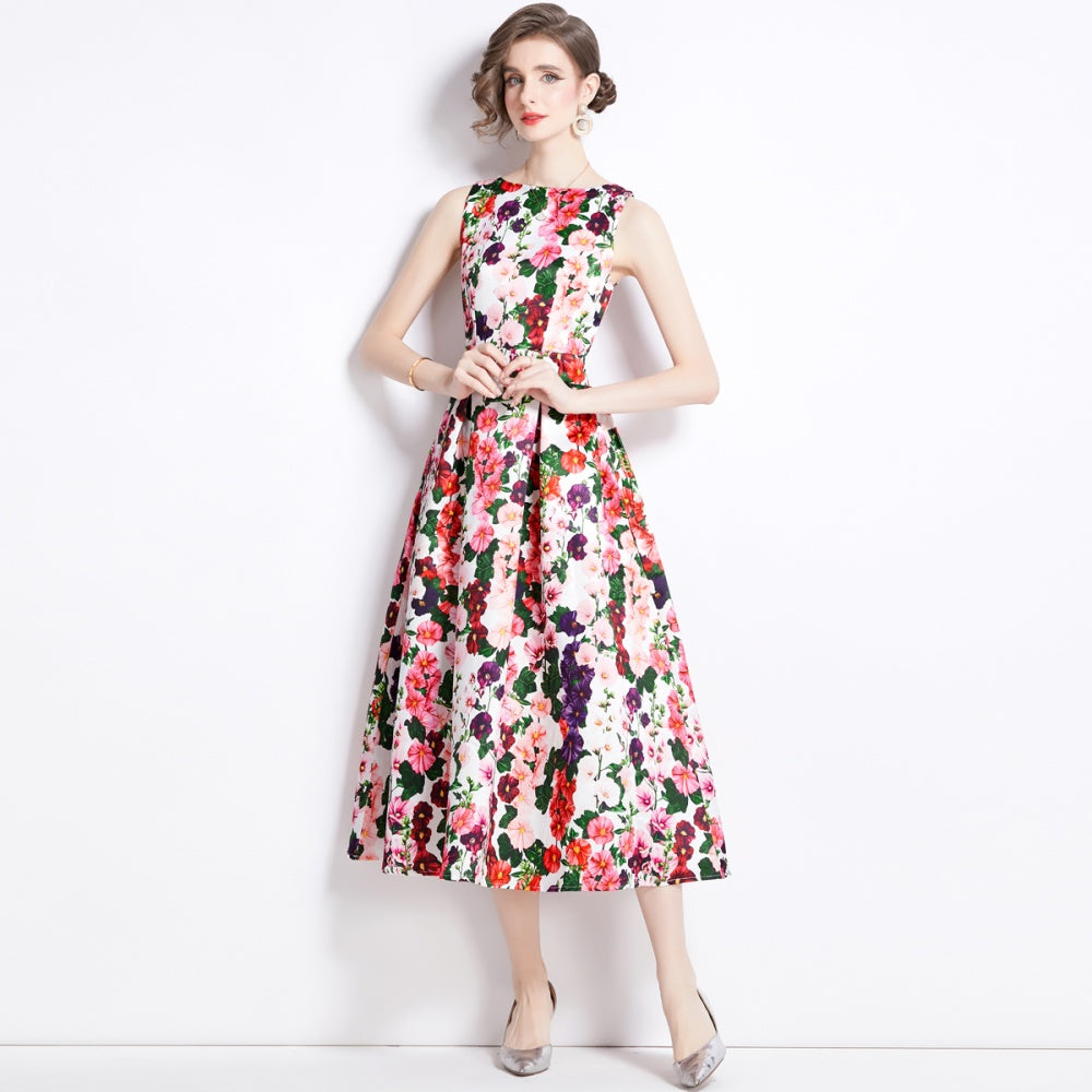 CM-DY090882 Women Elegant European Style Round Neck Sleeveless Pinched Waist Dress