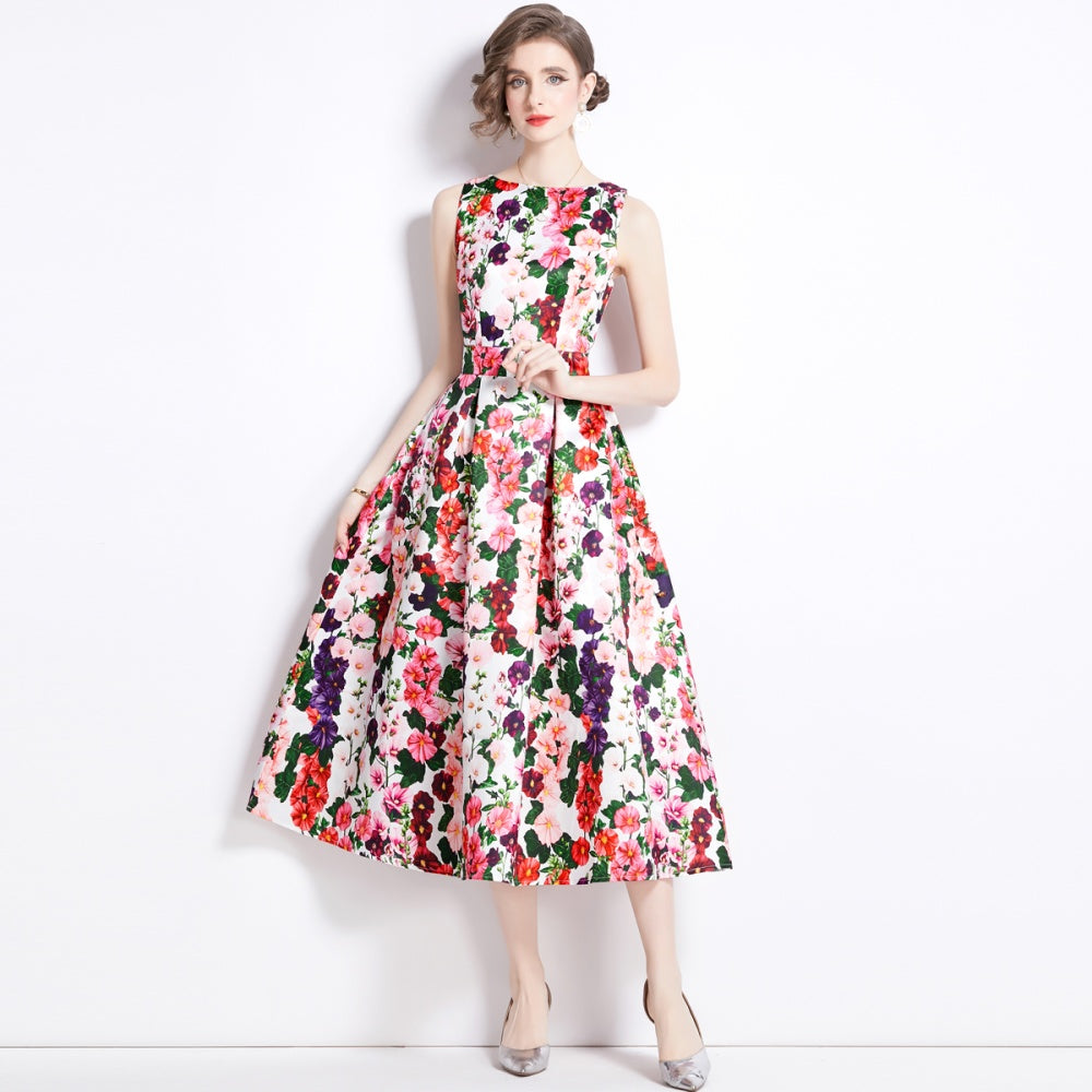 CM-DY090882 Women Elegant European Style Round Neck Sleeveless Pinched Waist Dress