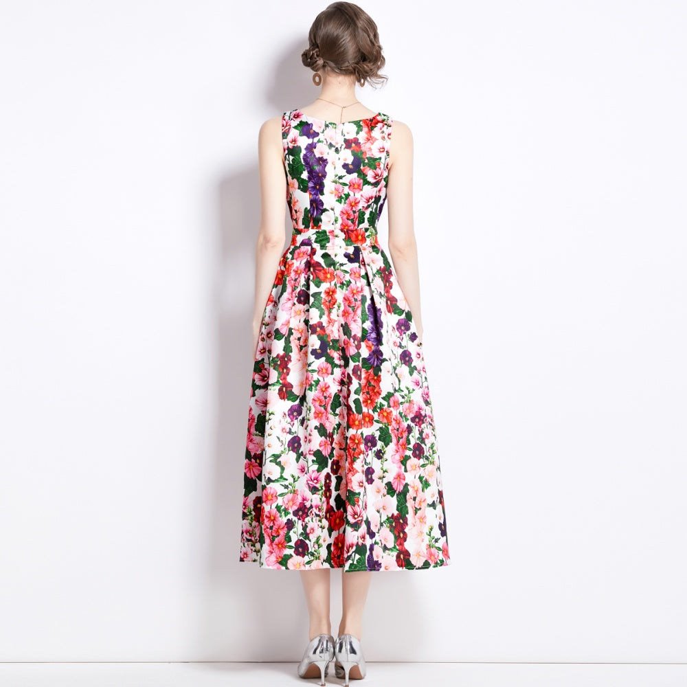 CM-DY090882 Women Elegant European Style Round Neck Sleeveless Pinched Waist Dress