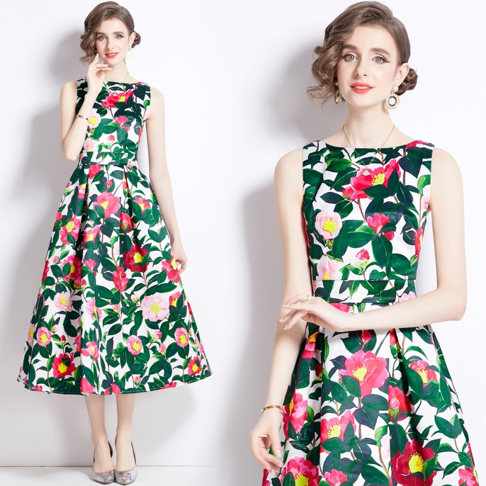 CM-DY090883 Women Elegant European Style Round Neck Sleeveless A-Line Dress