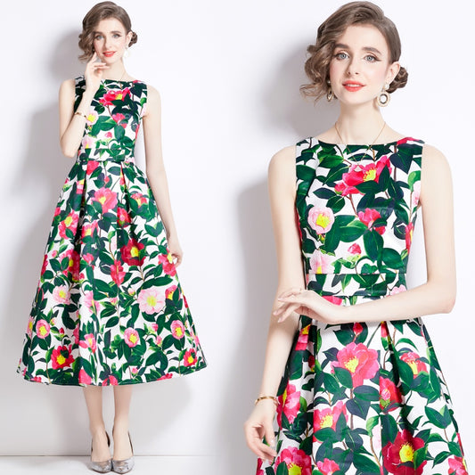 CM-DY090883 Women Elegant European Style Round Neck Sleeveless A-Line Dress