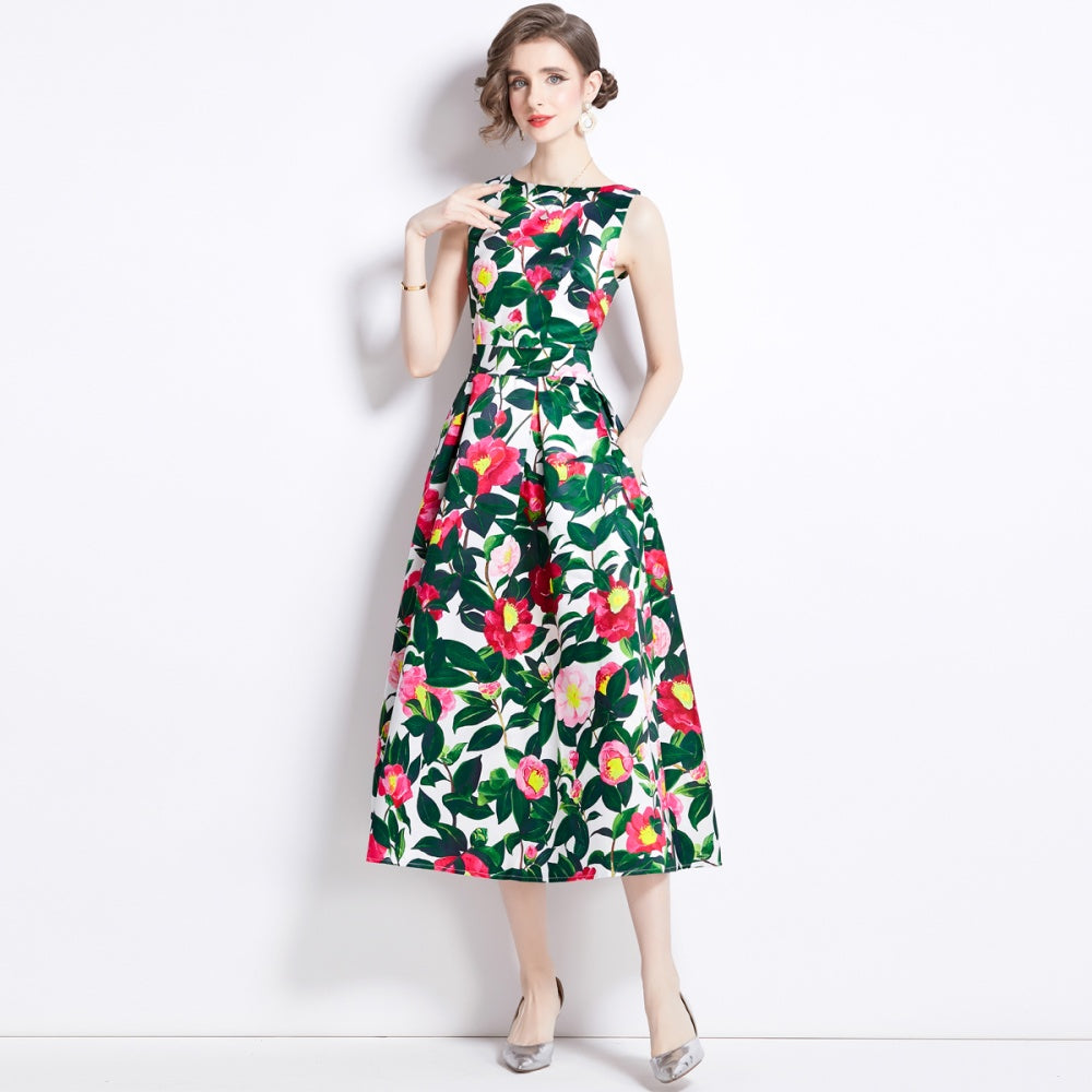 CM-DY090883 Women Elegant European Style Round Neck Sleeveless A-Line Dress