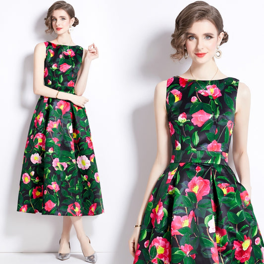 CM-DY090887 Women Elegant European Style Round Neck Sleeveless High Waist A-Line Dress