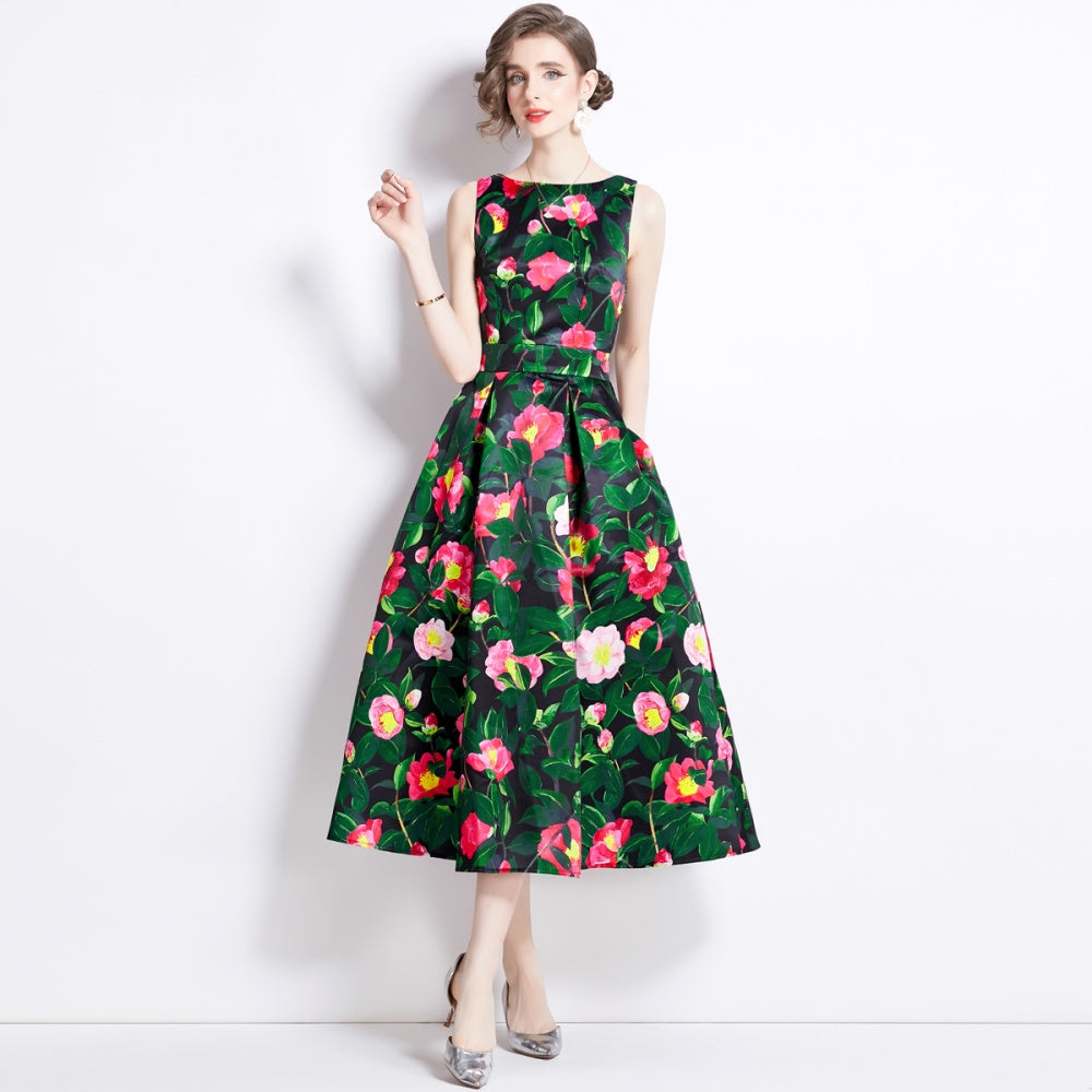 CM-DY090887 Women Elegant European Style Round Neck Sleeveless High Waist A-Line Dress