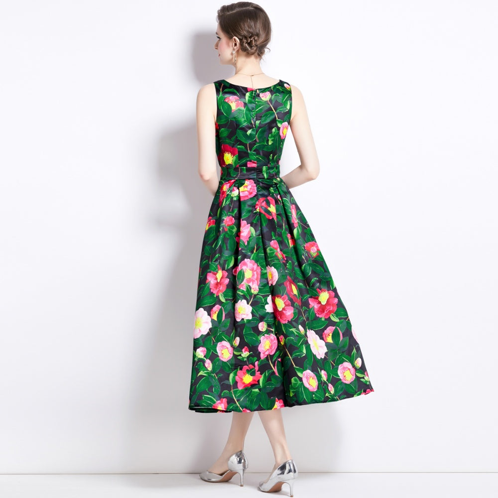 CM-DY090887 Women Elegant European Style Round Neck Sleeveless High Waist A-Line Dress