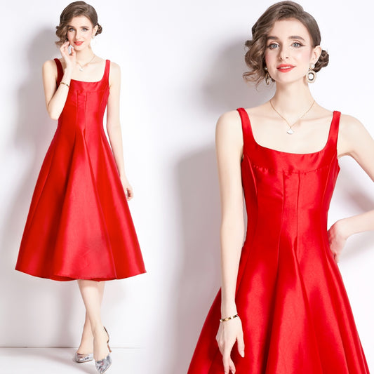 CM-DY090899 Women Elegant European Style Square Collar Sleeveless Slim Dress - Red