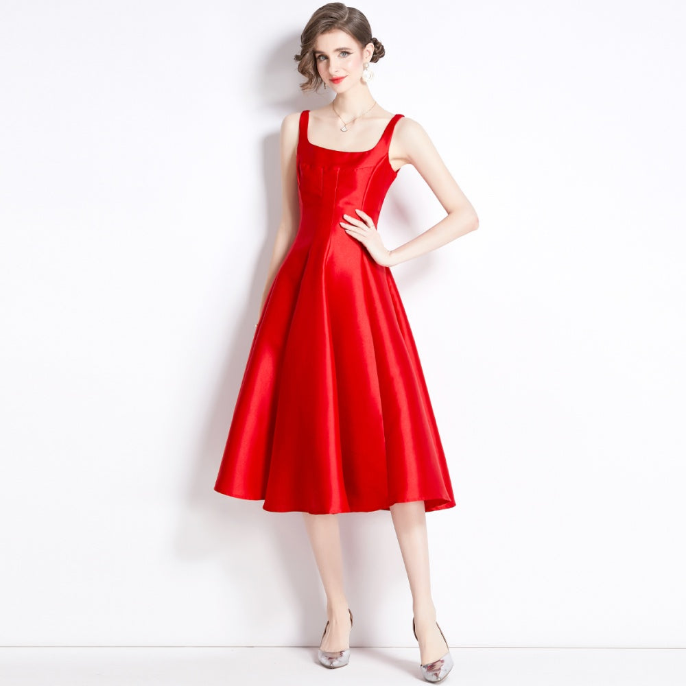 CM-DY090899 Women Elegant European Style Square Collar Sleeveless Slim Dress - Red