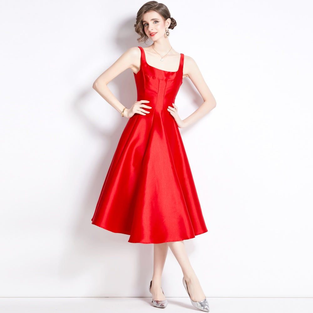 CM-DY090899 Women Elegant European Style Square Collar Sleeveless Slim Dress - Red
