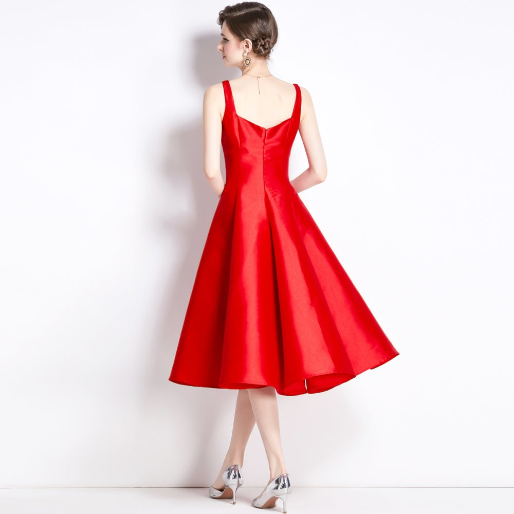 CM-DY090899 Women Elegant European Style Square Collar Sleeveless Slim Dress - Red