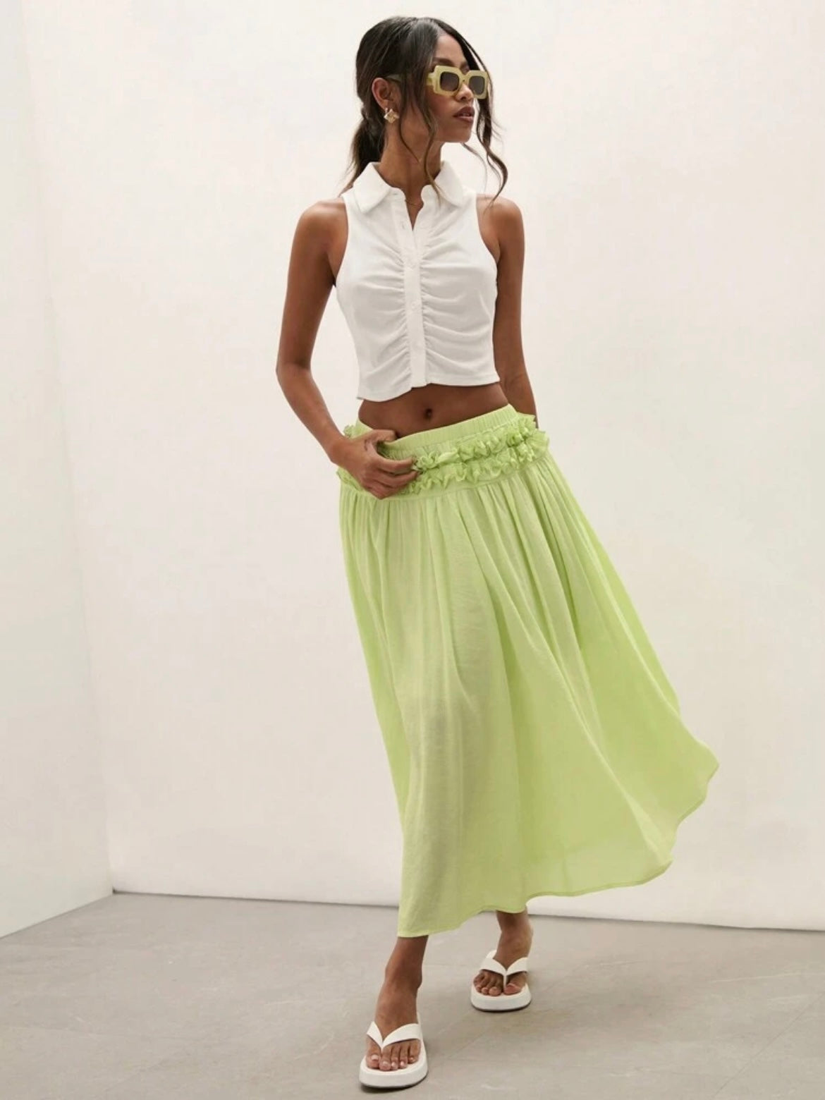 CM-BS715664 Women Trendy Bohemian Style Plain Minimalist Frill Trim Skirt - Lime Green