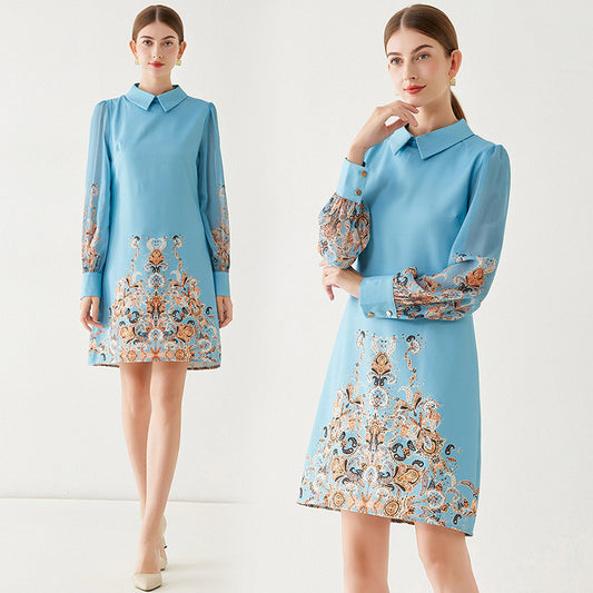 CM-DY091108 Women Casual European Style Doll Collar Printing Lapel Dress - Light Blue