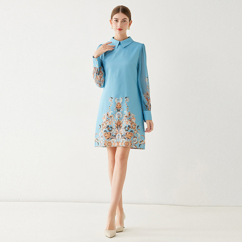 CM-DY091108 Women Casual European Style Doll Collar Printing Lapel Dress - Light Blue