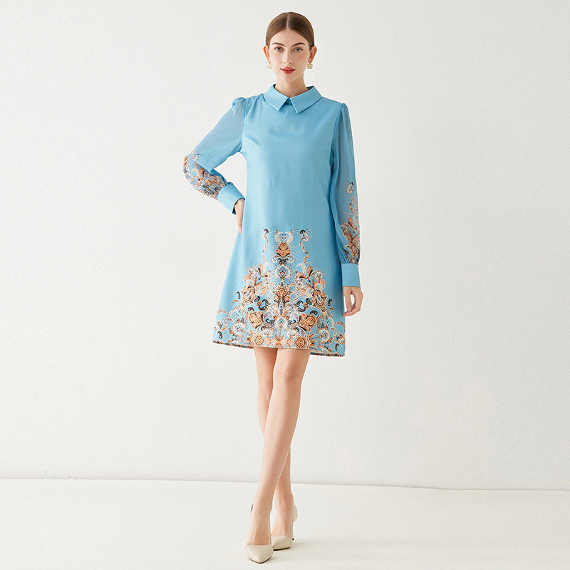 CM-DY091108 Women Casual European Style Doll Collar Printing Lapel Dress - Light Blue