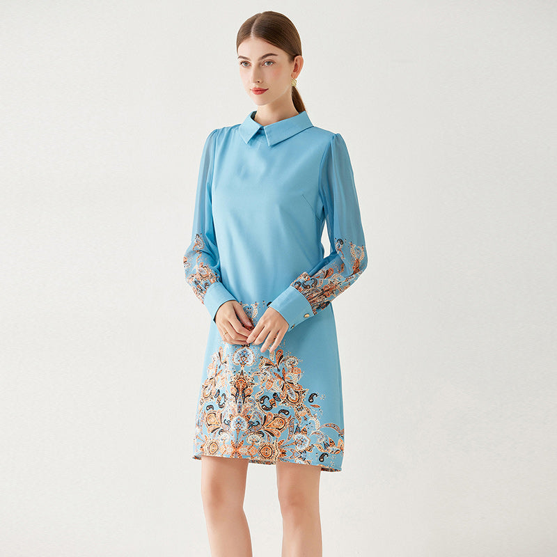 CM-DY091108 Women Casual European Style Doll Collar Printing Lapel Dress - Light Blue