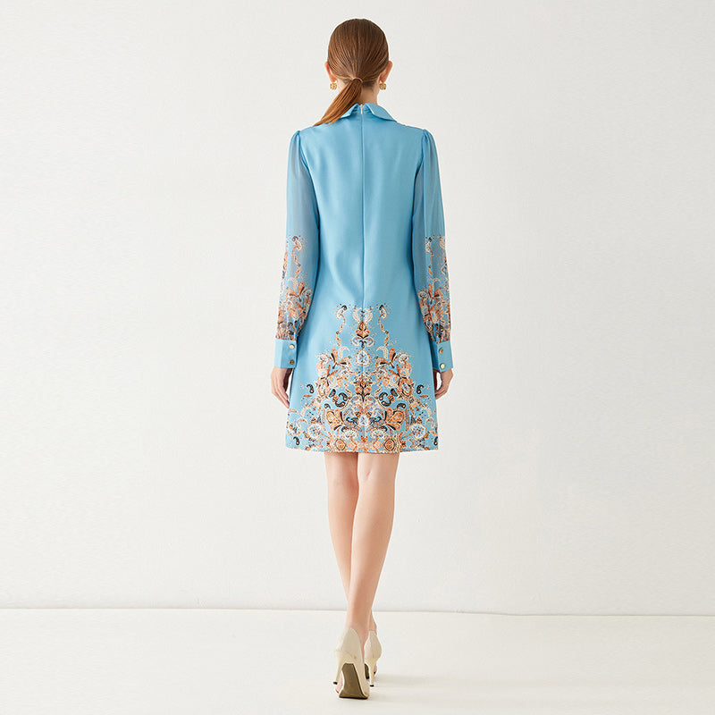 CM-DY091108 Women Casual European Style Doll Collar Printing Lapel Dress - Light Blue