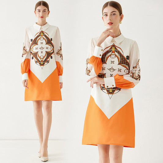 CM-DY091109 Women Elegant European Style Transparent Sleeve Printing Slim Dress