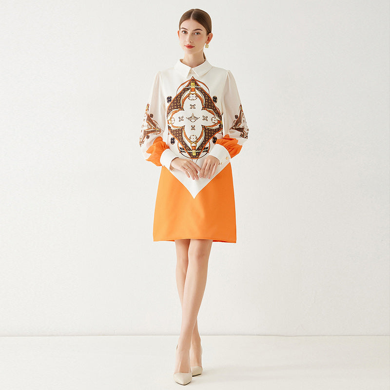 CM-DY091109 Women Elegant European Style Transparent Sleeve Printing Slim Dress