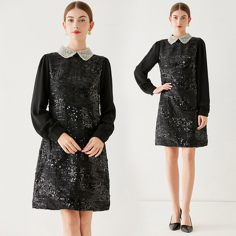 CM-DY091110 Women Elegant European Style Doll Collar Lantern Sleeve Mini Dress - Black