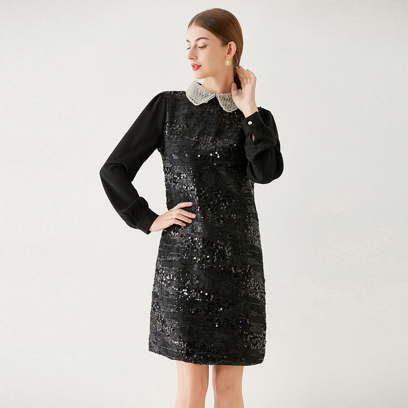 CM-DY091110 Women Elegant European Style Doll Collar Lantern Sleeve Mini Dress - Black