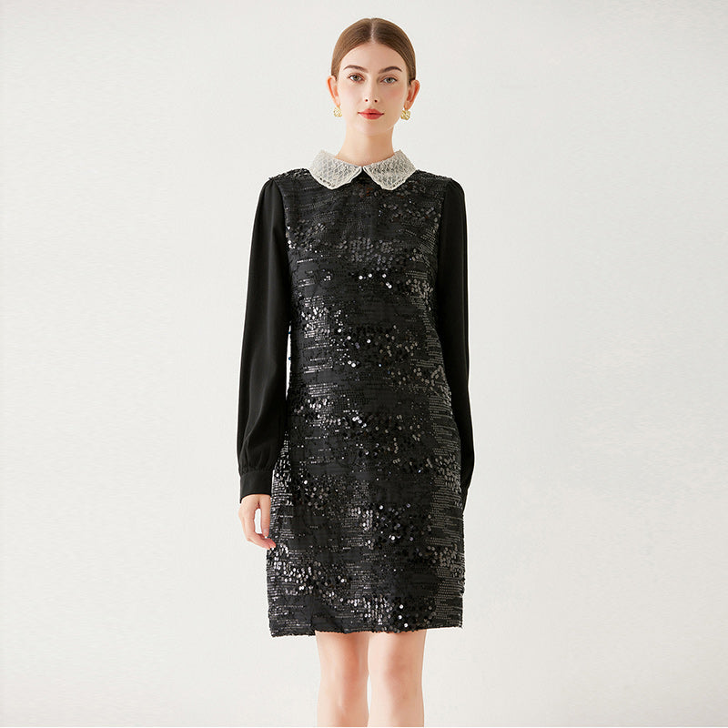 CM-DY091110 Women Elegant European Style Doll Collar Lantern Sleeve Mini Dress - Black