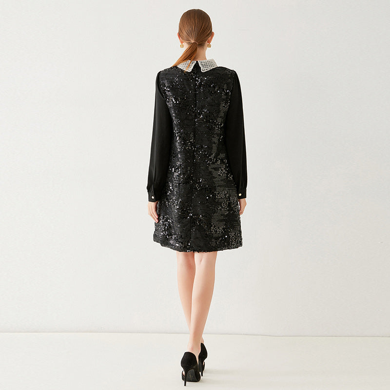CM-DY091110 Women Elegant European Style Doll Collar Lantern Sleeve Mini Dress - Black