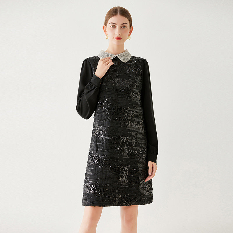CM-DY091110 Women Elegant European Style Doll Collar Lantern Sleeve Mini Dress - Black