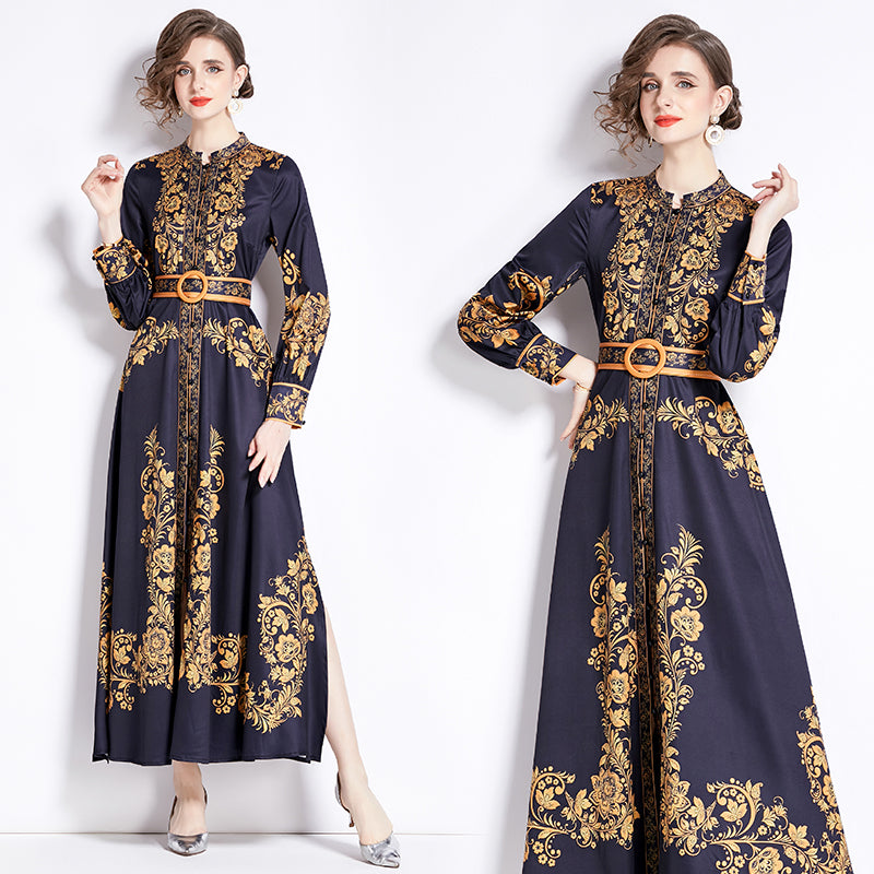 CM-DY091135 Women Elegant European Style Stand Collar Breasted Slit Long Dress