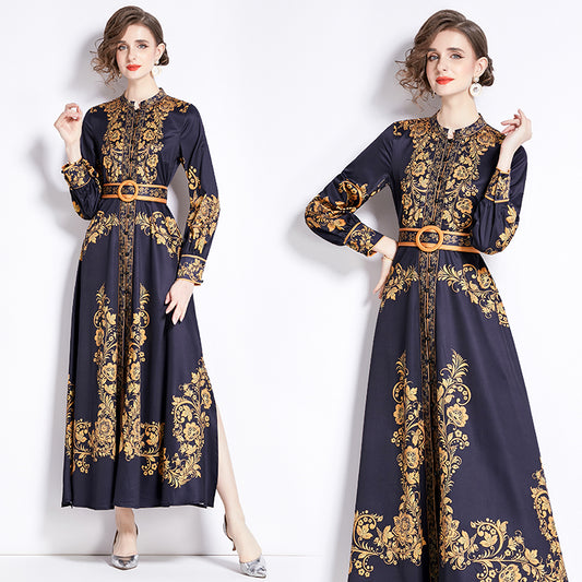 CM-DY091135 Women Elegant European Style Stand Collar Breasted Slit Long Dress