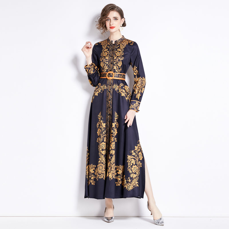 CM-DY091135 Women Elegant European Style Stand Collar Breasted Slit Long Dress
