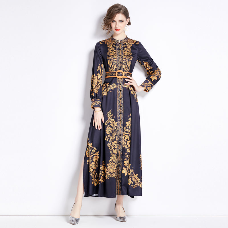 CM-DY091135 Women Elegant European Style Stand Collar Breasted Slit Long Dress