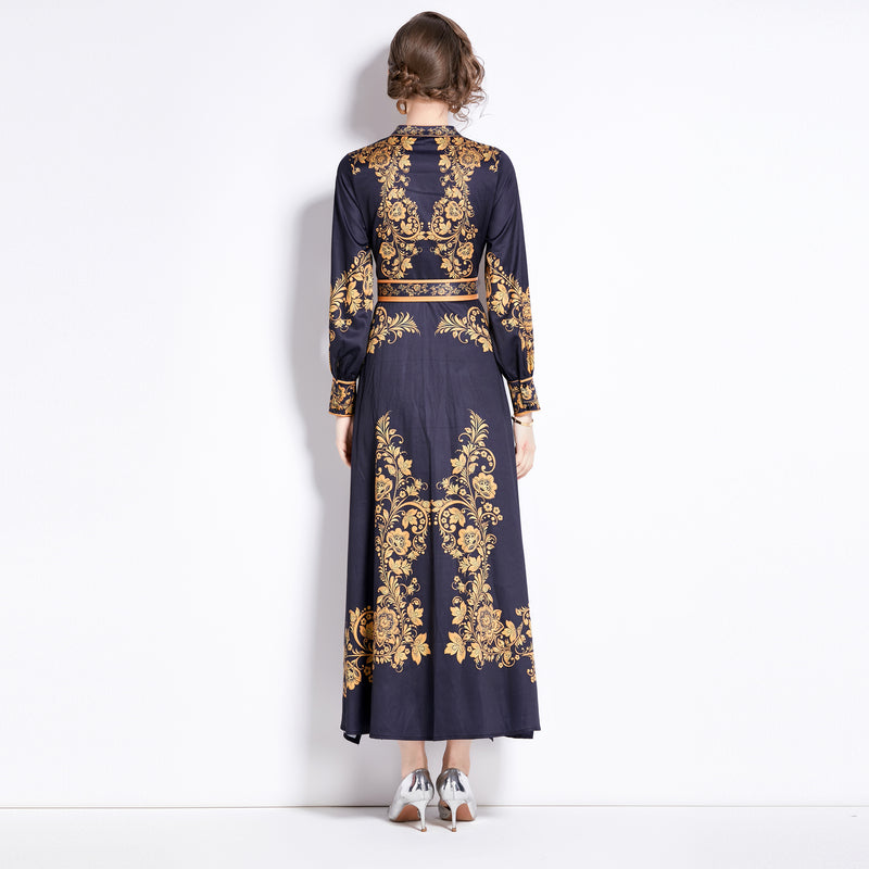 CM-DY091135 Women Elegant European Style Stand Collar Breasted Slit Long Dress