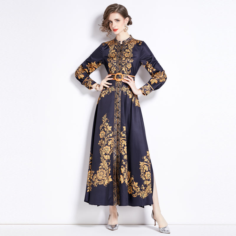 CM-DY091135 Women Elegant European Style Stand Collar Breasted Slit Long Dress