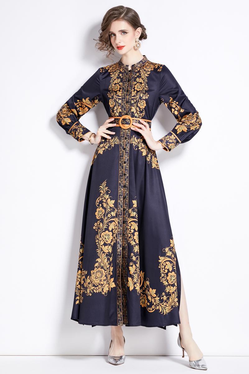 CM-DY091135 Women Elegant European Style Stand Collar Breasted Slit Long Dress