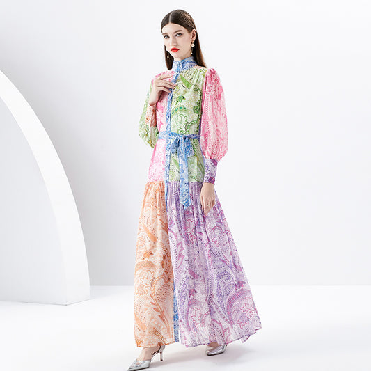 CM-DY091144 Women Elegant European Style Stand Collar Lantern Sleeve Maxi Dress
