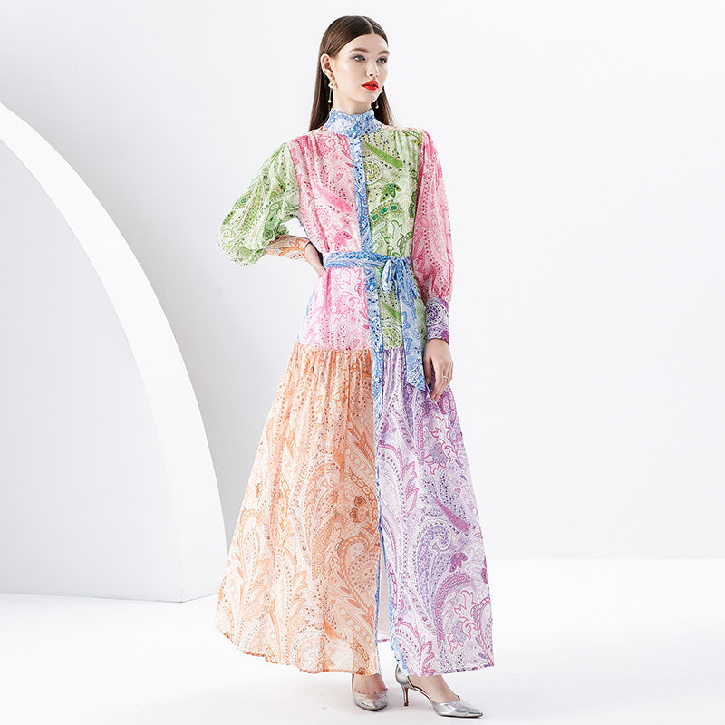CM-DY091144 Women Elegant European Style Stand Collar Lantern Sleeve Maxi Dress