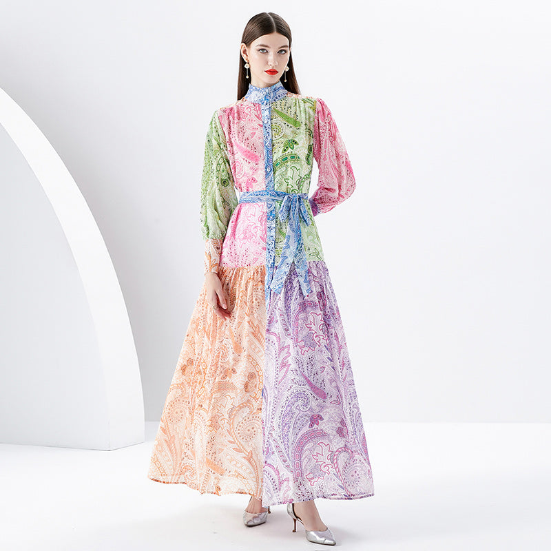 CM-DY091144 Women Elegant European Style Stand Collar Lantern Sleeve Maxi Dress