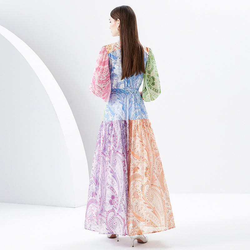 CM-DY091144 Women Elegant European Style Stand Collar Lantern Sleeve Maxi Dress