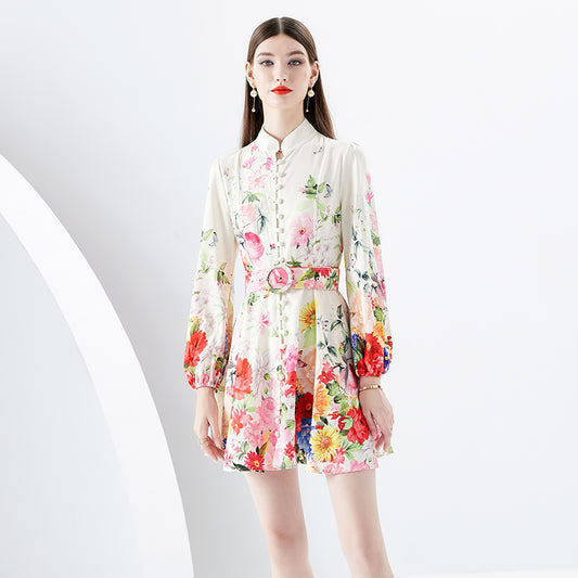 CM-DY091159 Women Elegant European Style Stand Collar Long Sleeve Mini Dress