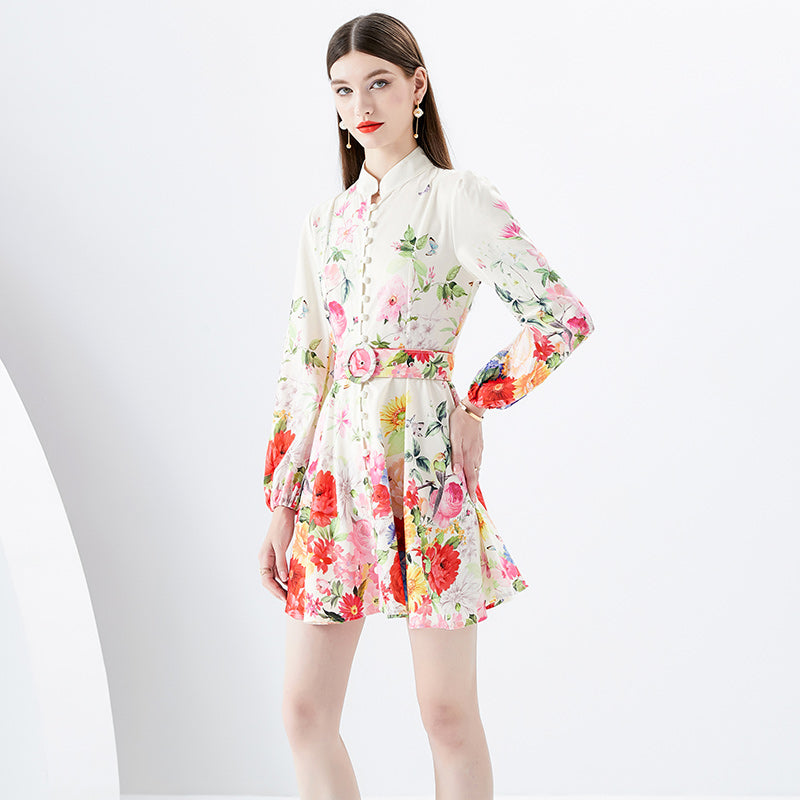 CM-DY091159 Women Elegant European Style Stand Collar Long Sleeve Mini Dress