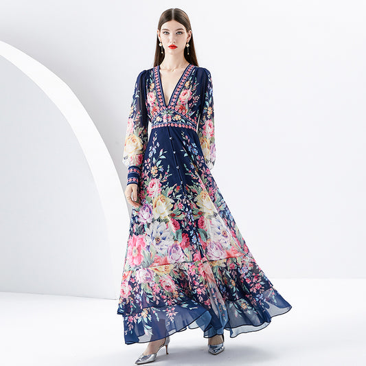 CM-DY091162 Women Elegant Retro Style Deep V-Neck Lantern Sleeve Long Dress