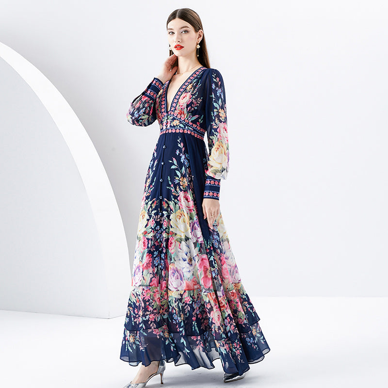 CM-DY091162 Women Elegant Retro Style Deep V-Neck Lantern Sleeve Long Dress