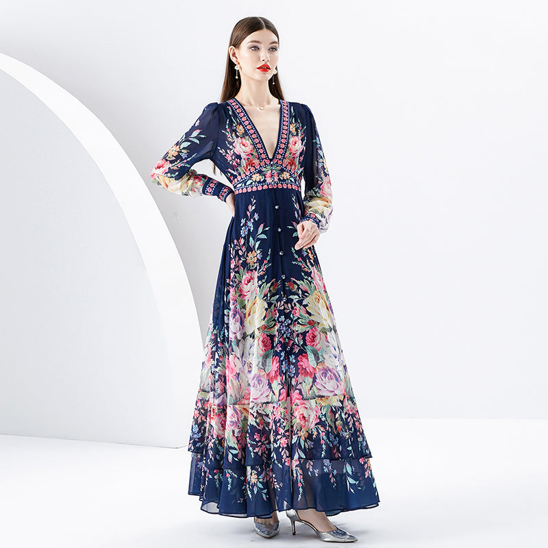 CM-DY091162 Women Elegant Retro Style Deep V-Neck Lantern Sleeve Long Dress