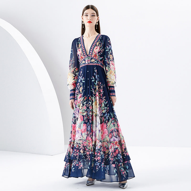 CM-DY091162 Women Elegant Retro Style Deep V-Neck Lantern Sleeve Long Dress