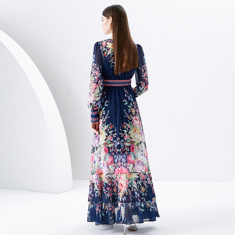 CM-DY091162 Women Elegant Retro Style Deep V-Neck Lantern Sleeve Long Dress