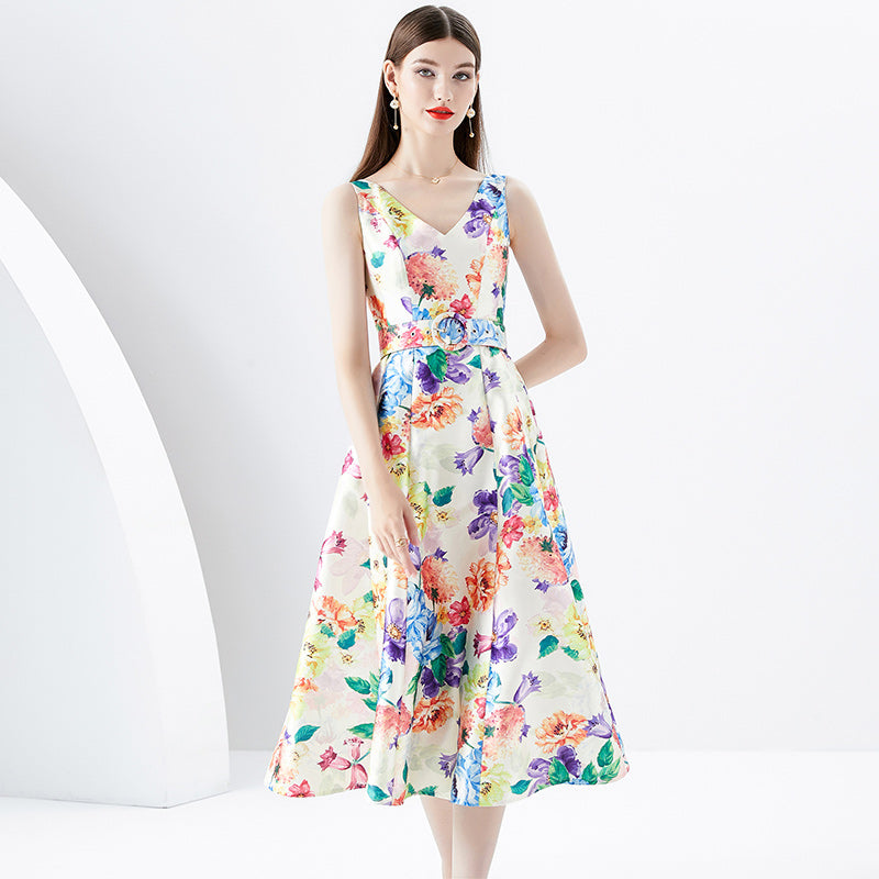 CM-DY091163 Women Retro European Style Floral Prints V-Neck Sleeveless Midi Dress