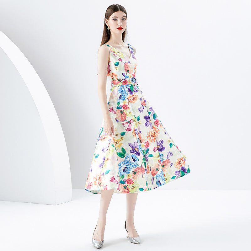 CM-DY091163 Women Retro European Style Floral Prints V-Neck Sleeveless Midi Dress