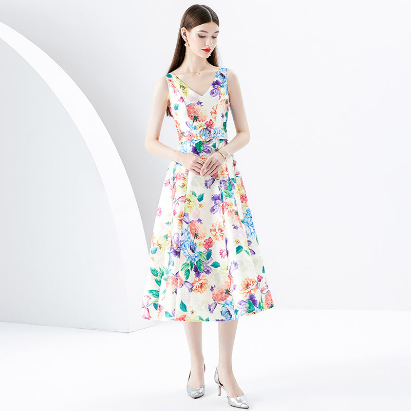 CM-DY091163 Women Retro European Style Floral Prints V-Neck Sleeveless Midi Dress
