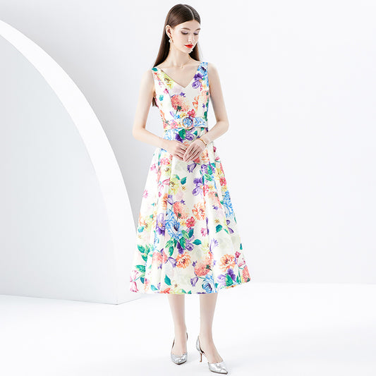 CM-DY091163 Women Retro European Style Floral Prints V-Neck Sleeveless Midi Dress